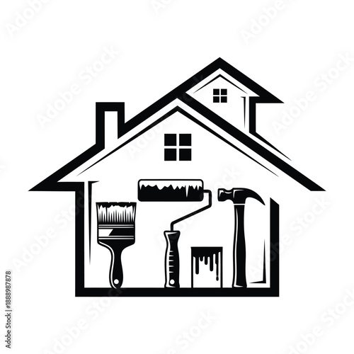 House Outline With Painting And Repair Tools Inside home building