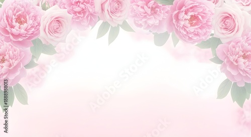 Soft pink roses border with green leaves on white background