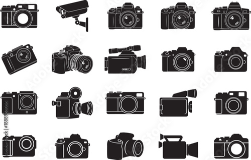 Silhouette of various camera types on white background photography equipment icons