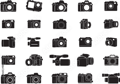 Silhouette of multiple camera icons in various styles and shapes on white background for graphic design