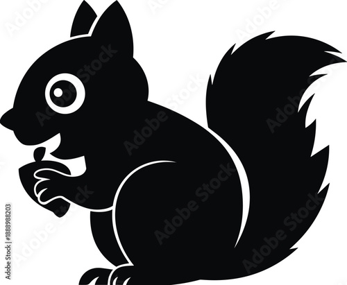 Playful black silhouette of a cartoon squirrel holding a small acorn in its paws, with a fluffy tail and a cheerful expression