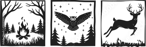 Silhouette depicting a forest scene with a campfire, a flying owl under a starry night sky, and a leaping deer