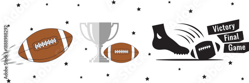 American Football Vector Set - Silver Trophy Cup, Flying Ball, and Kicking Silhouette Icons isolated on transparent background.