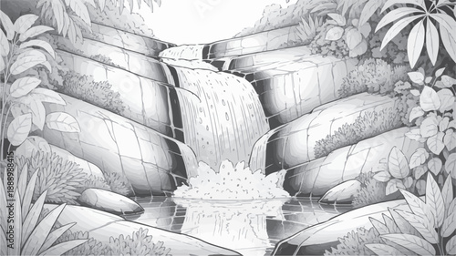 Detailed Black and White Line Art Illustration of a Majestic Waterfall Cascading Down Rocks in a Serene Natural Forest Landscape, Perfect for Coloring or Tranquil Reflection