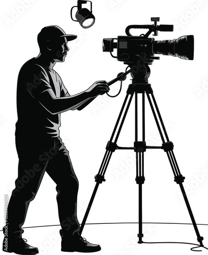 Silhouette of a cameraman adjusting a camera on a tripod, with a spotlight overhead, suggesting a set environment