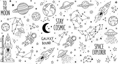 Space Themed Doodle Elements With Planets Rockets And Astronauts galaxy cosmos