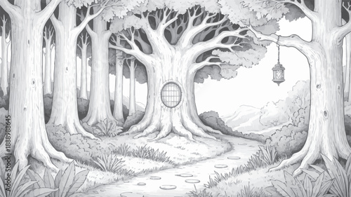 Enchanting forest scene with a large ancient tree featuring a hobbit-like doorway, a winding path, and a hanging lantern, rendered in a detailed black and white line drawing style
