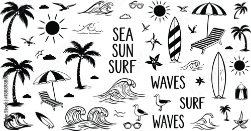 Summer Beach And Ocean Doodle Elements With Palm Trees wave surfboard