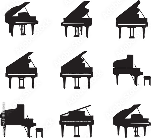 Silhouette of multiple grand pianos in various positions on white background