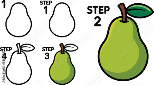 A step-by-step illustration of drawing a pear, from outline to colorful finished product