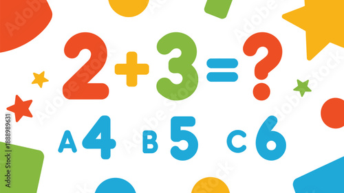 A colorful math problem with numbers and shapes on a white background
