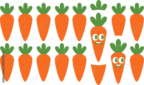 A playful pattern of cartoon carrots with two happy and expressive ones standing out