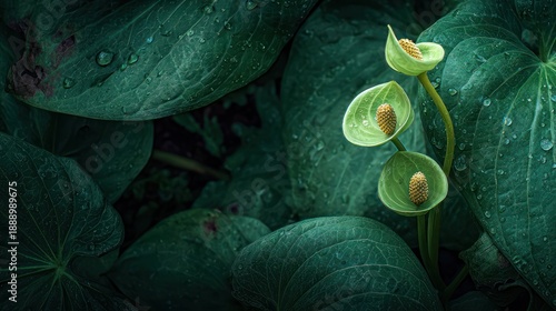 Lush, close-up shot of green heart-shaped leaves and delicate yellow flowers with water droplets