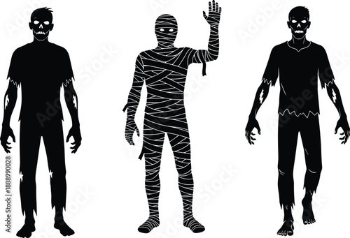 Halloween horror character silhouettes featuring zombie and mummy figures isolated on white background for spooky decoration, monster design, and scary holiday concept illustrations