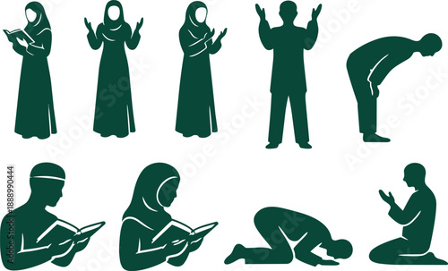 Muslim prayer posture silhouettes showing Islamic worship actions and supplication gestures