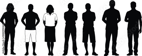 Silhouettes of casual men and women in various standing poses for architectural cad drawing flat vector illustration and site diagrams,