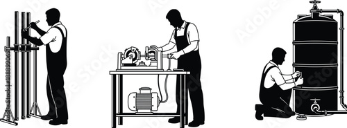 Silhouettes of factory workers operating machinery and repairing industrial equipment for architectural