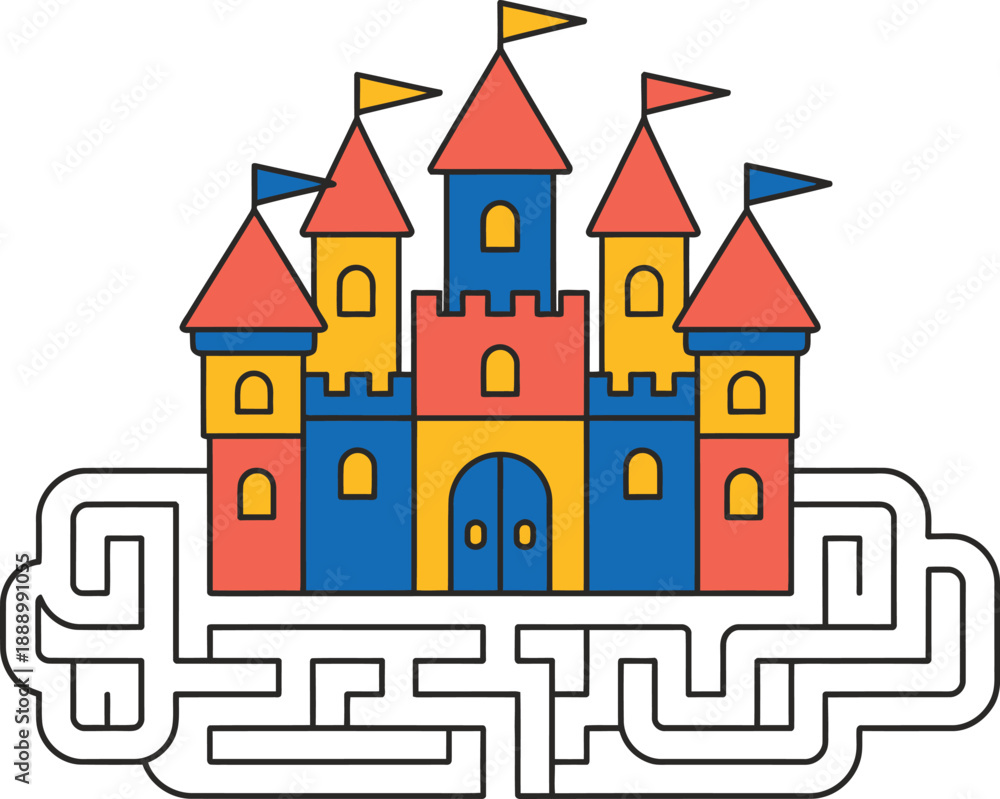Fototapeta premium A colorful cartoon castle with a maze at the bottom, featuring multiple towers and flags on a white background.