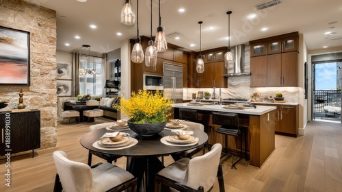 Luxurious modern kitchen and dining area, featuring a stone wall and open layout