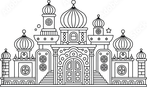 A black and white line drawing of an ornate palace with multiple domes and towers.