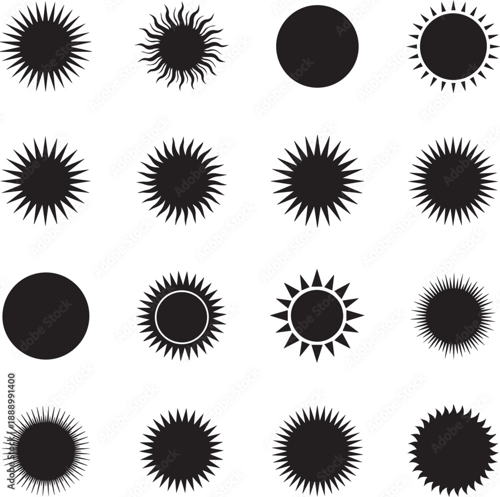 Fototapeta premium Black silhouette sunburst icons set on white background for design and graphics