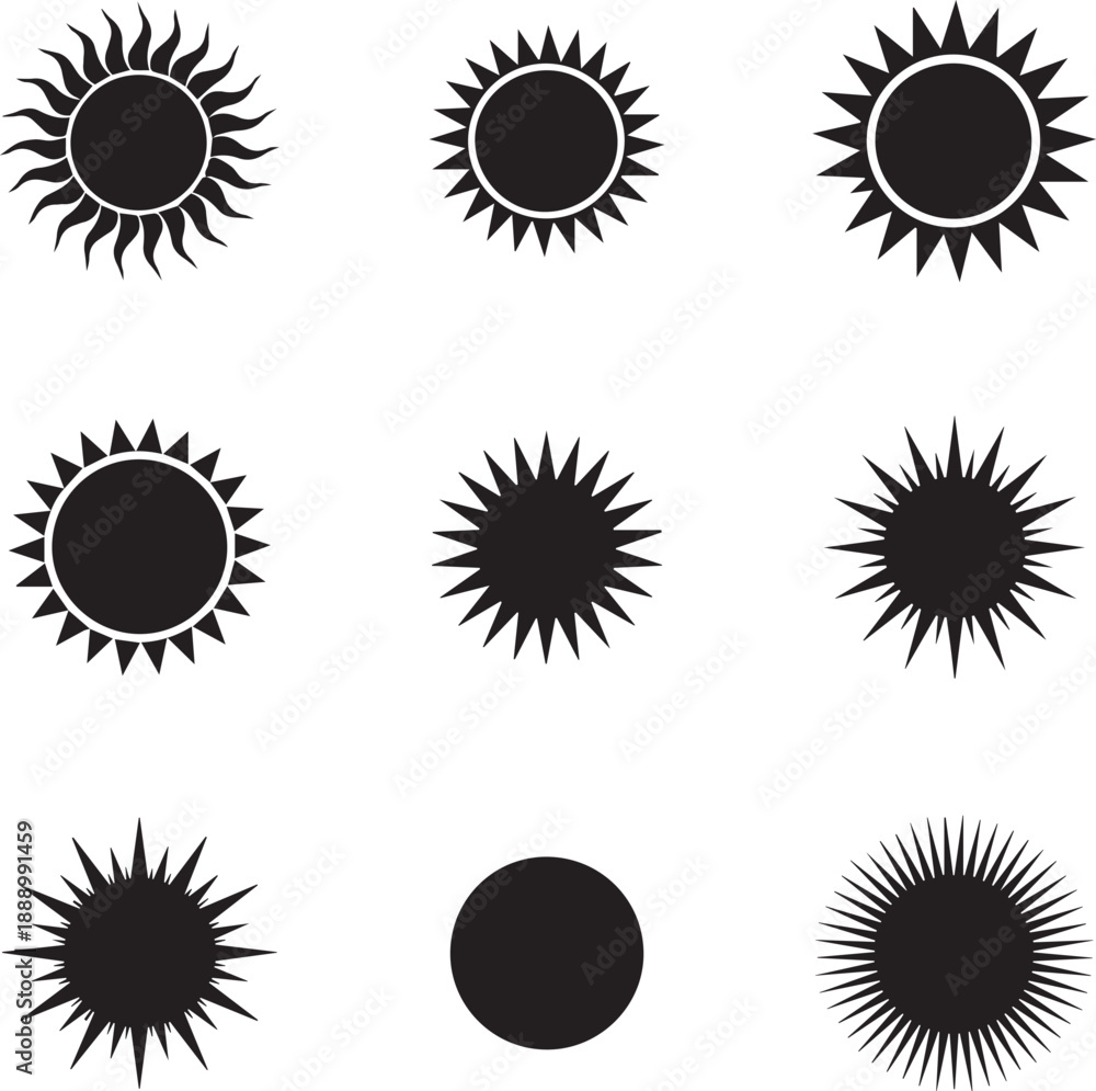 Fototapeta premium Silhouette of various sun and sunburst designs on white background for graphic design use