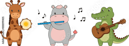 Cute cartoon animal band playing musical instruments kids music education vector illustration