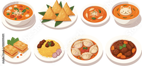 Traditional Indian food dishes set including curry samosa rice and snacks vector illustration