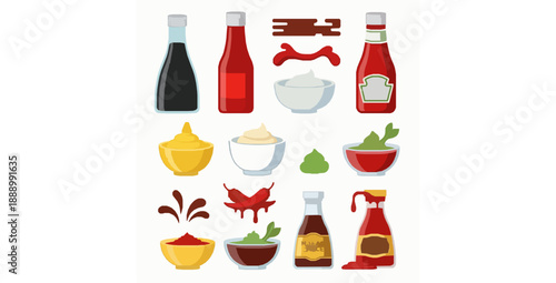 Flat cartoon sauce bottles bowls and splashes vector set