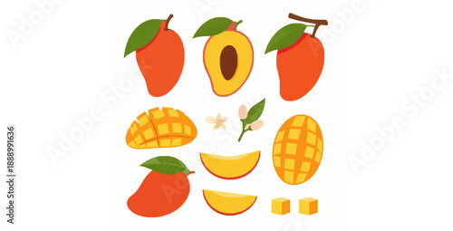 Cute flat cartoon mango fruit vector set with slices cubes flowers and leaves