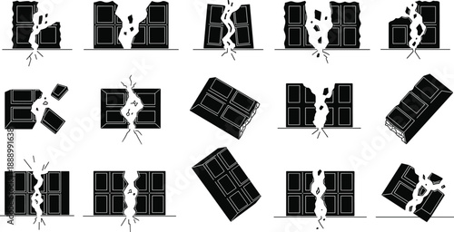 Set of 15 chocolate bar illustrations showing bite marks, cracks, and broken pieces for food design, packaging, vector graphics, and consumption themes.