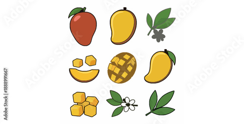 Cartoon mango fruit food icon vector set isolated on white