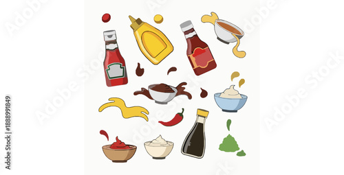 Cartoon sauce bottles and splashes vector icon set