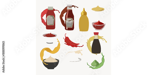 Premium sauce splash and bottle vector set for food advertising