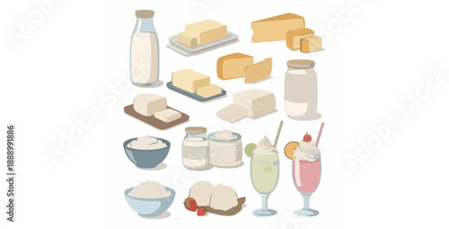 Farm dairy products vector illustration set for organic food design