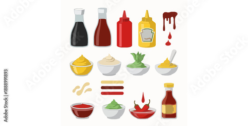 Modern realistic food sauces bottles and splashes vector illustration