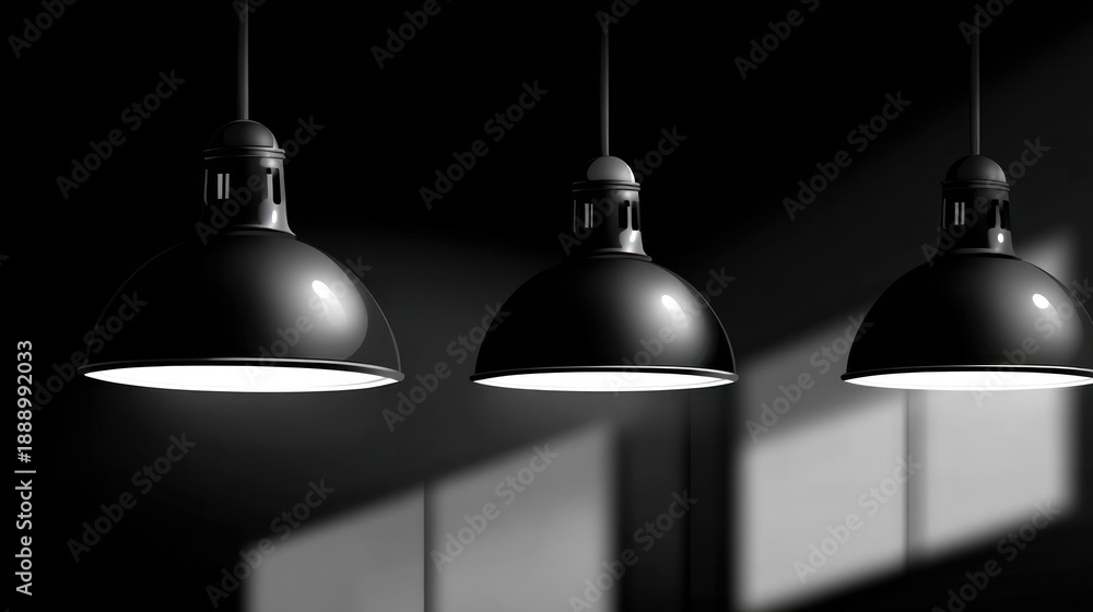 Obraz premium Three hanging dome lights illuminate a dark space, casting shadows