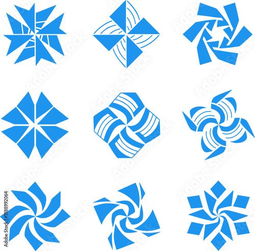 Abstract Geometric Blue Logo Concept Set: 9 Modern Vector Symbols Featuring Rotating Radial Shapes, Technology Icons, Stars, and Complex Corporate Identity Elements for Branding and Web Design.