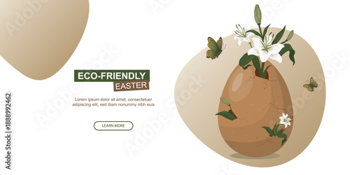 Eco-friendly easter banner concept. Cracked earthy Easter egg with white flowers and green leaves growing from inside ideal for eco holiday banners or web headers. Ethical easter. Vector illustration