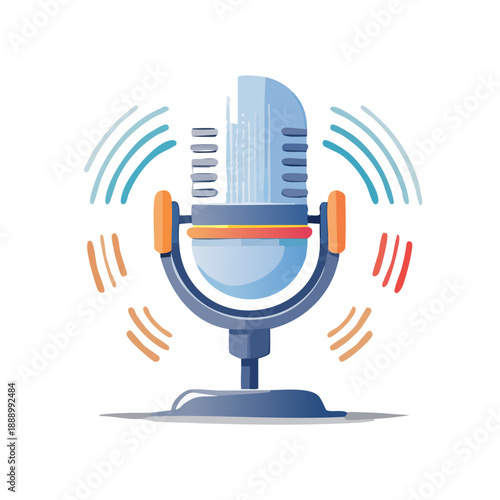 Microphone on stand capturing sound waves in a studio environment from a front viewpoint
