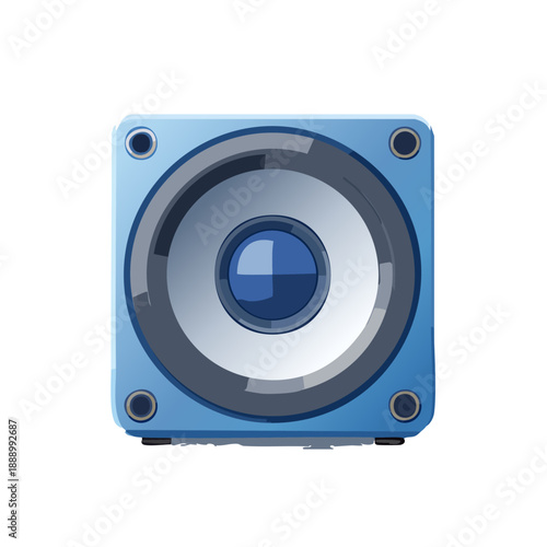 A blue speaker system with a large circular driver and four mounting holes on a square enclosure viewed directly from the front