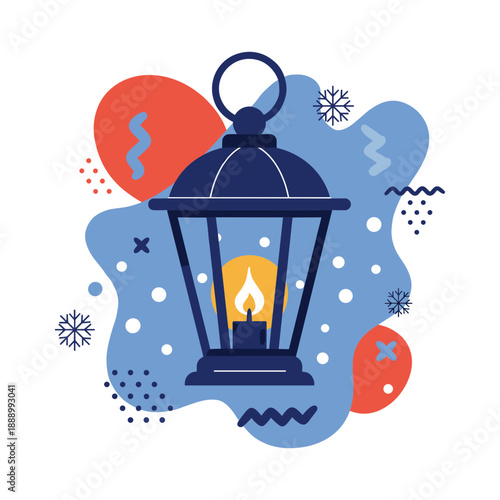 Abstract winter lantern illustration in Memphis style bright flat design representing cozy seasonal atmosphere