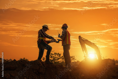 Side view of Two Engineers talking to each other on a building site at sunset, Thailand