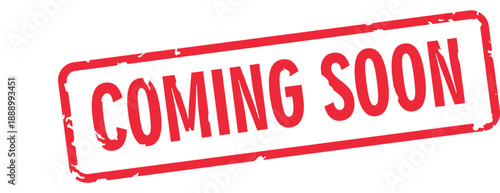 Coming soon! Vintage grunge style red square rubber stamp isolated on white. For icon, logo, label, emblem, seal, tag, sign, symbol, badge, sticker, emblem, banner, etc. Vector Illustration