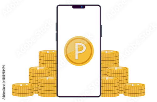 山積みのポイントコインと、スマートフォンのイラスト