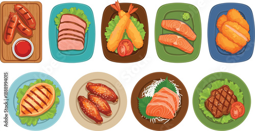 Grilled and fried meat dishes collection on plates restaurant menu food vector illustration