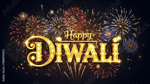 Happy Diwali text with glowing golden lights and fireworks