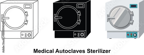 Collection of medical autoclaves and sterilizers vector illustrations in line art silhouette and flat design for healthcare and laboratory use