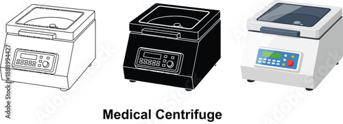 Collection of medical centrifuge illustrations in different styles including line art silhouette and realistic rendering for laboratory use