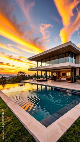Modern luxury mansion with infinity pool at sunset with dramatic orange sky clouds